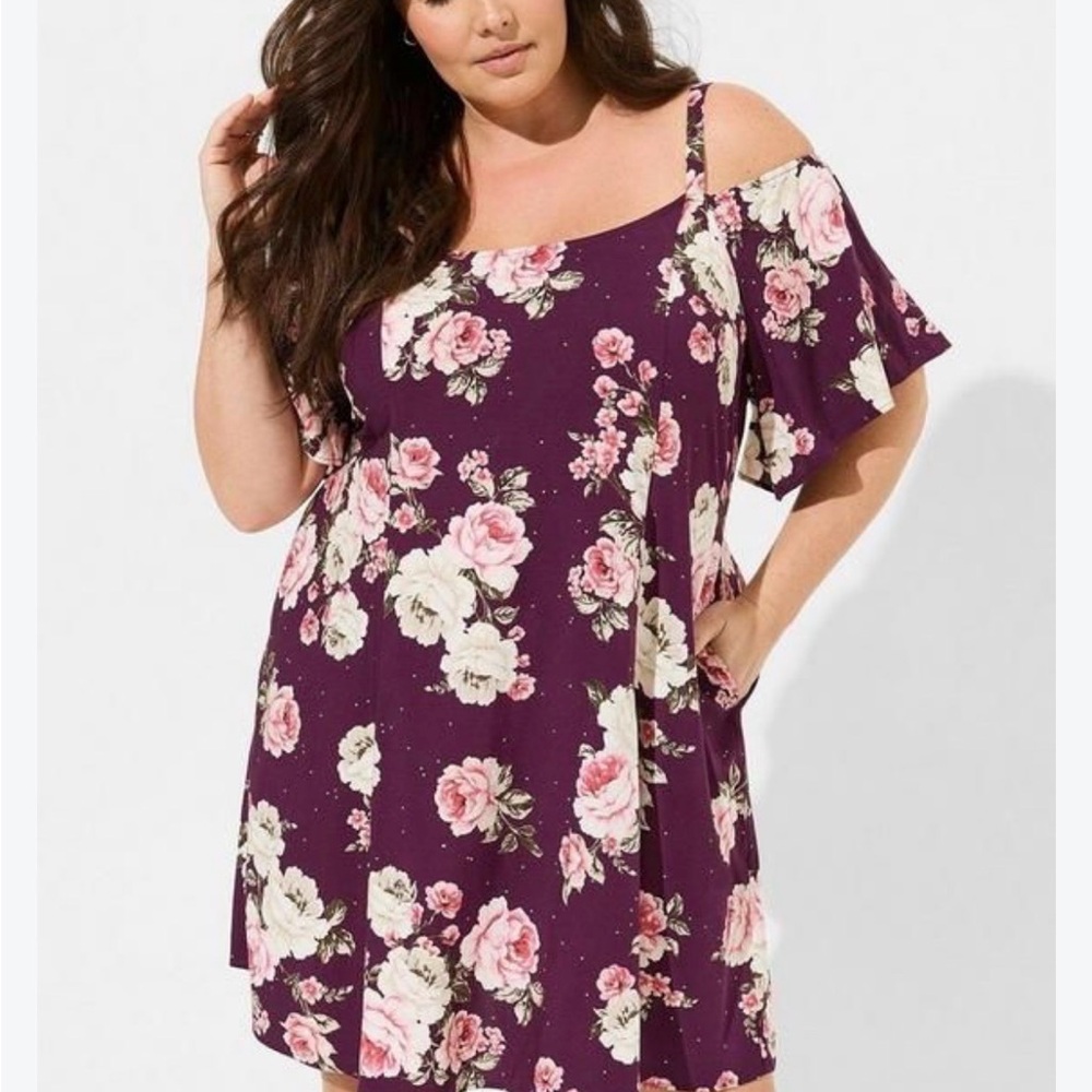 Torrid Purple Floral Trapeze Cold-Shoulder Dress